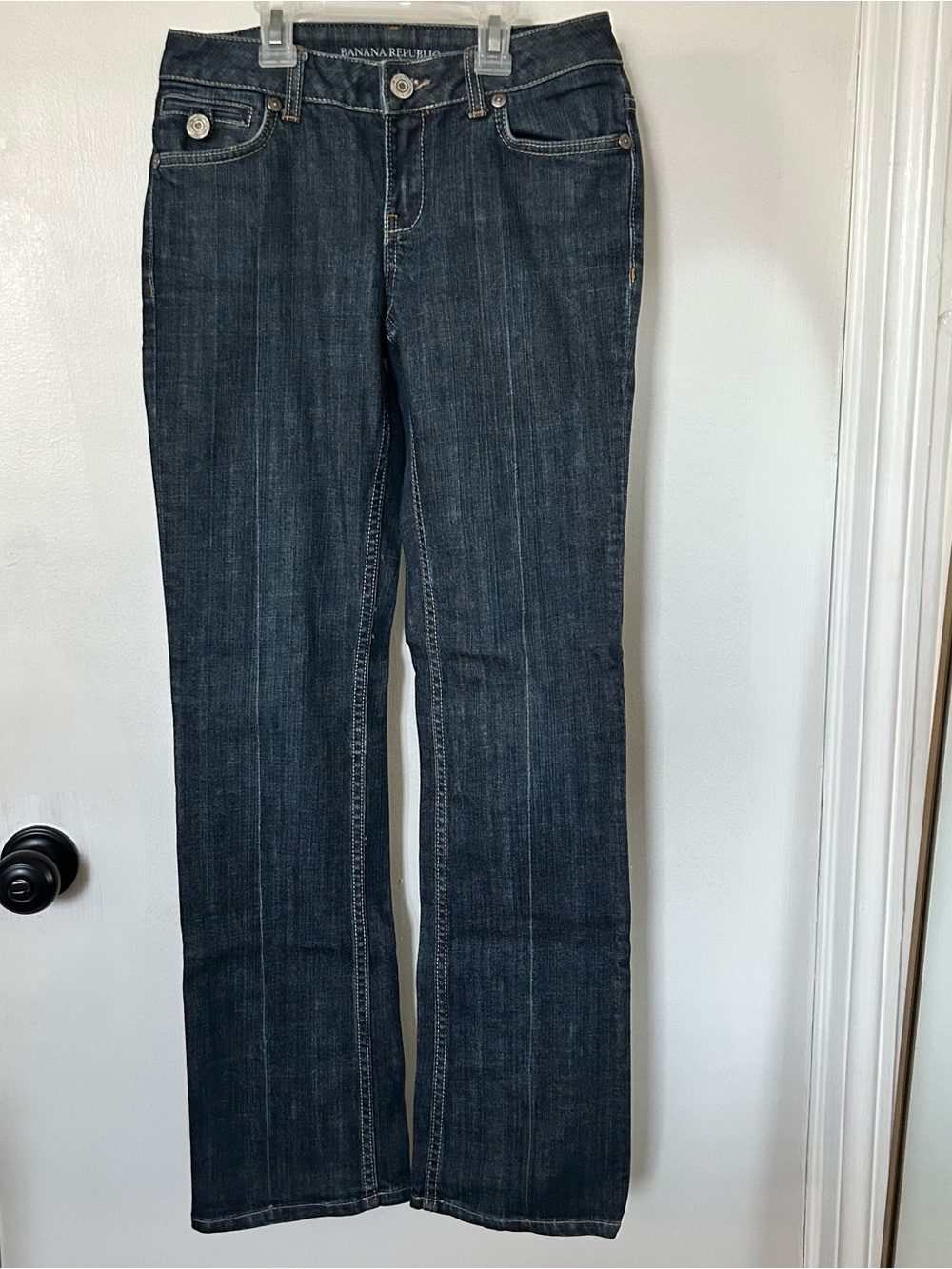 Banana Republic Women’s Dark Wash Jeans Low Rise Straight Leg Stretch Sz 0 READ